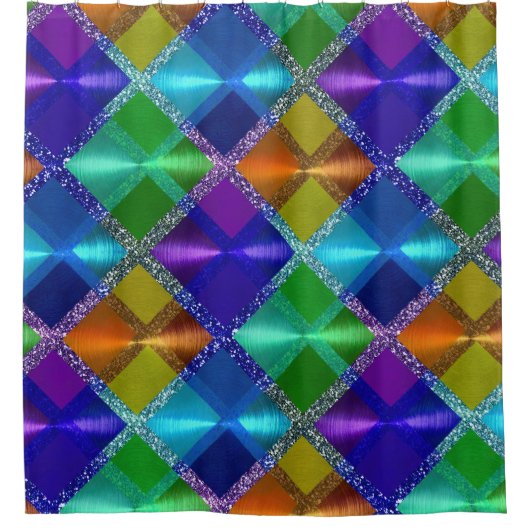 Blau Lila Orange Green Glitzer Kariertes Design Duschvorhang (Vorderseite)