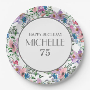 Blau Lila Rosa Aquarell Blumen 75. Geburtstag Pappteller