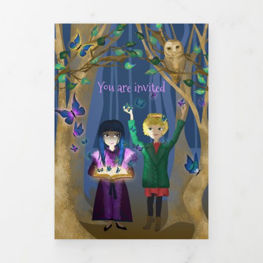 Blau, Lila Schmetterlinge, Öle, verzauberter Wald Dreifach Gefaltete Einladung (Cover)