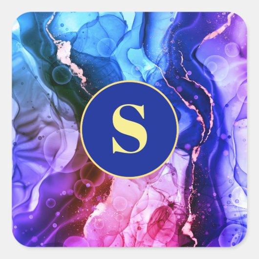 Blau, Lila und rot-violett Flüssigkeits-Tinte, Mon Quadratischer Aufkleber (Vorderseite)