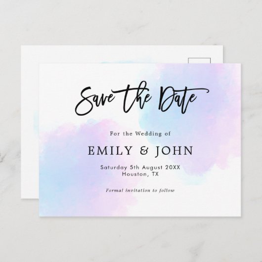 Blau/Lilac Wasserfarbe/Script-Hochzeit Das Datum s Postkarte (Vorne/Hinten)