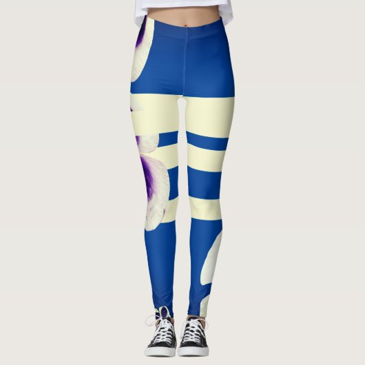 Blau, Linien und Blume Leggings (Vorderseite)