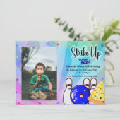 Blau macht Spaß, Bowling mit Foto Einladung (Stehend Vorderseite)