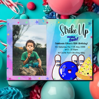 Blau macht Spaß, Bowling mit Foto Einladung