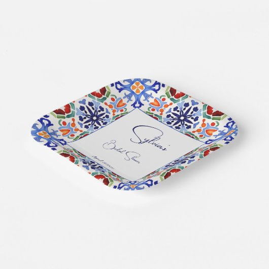 Blau mexikanische Farbfliesen Brautparty bedruckt Pappteller (Gewinkelt)