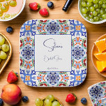 Blau mexikanische Farbfliesen Brautparty bedruckt Pappteller<br><div class="desc">Blau farbige mexikanische Talavera Azulejo Fliesen Brautparty gedruckte Vorlagenpapier Teller personalisiert Geschirr Dekoration,  Handschrift lässigen Schriftart</div>
