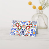 Blau mexikanische Farbfliesen Brautparty bedruckt Platzkarte (Rückseite)