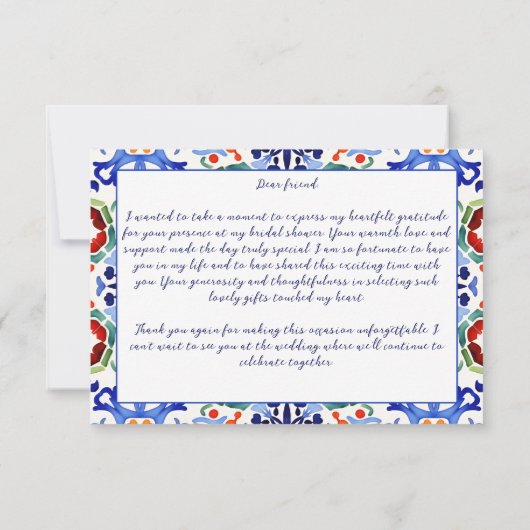 Blau-mexikanische Fliesen Brautparty Dankeskarte (Rückseite)