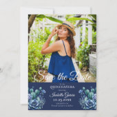 Blau-Mexikanischer Stil Quinceñera-Foto Save the D Ankündigung (Vorderseite)
