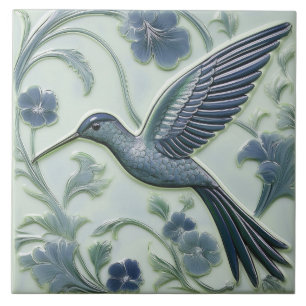 Blau & Minz-Faux-Relief Art Nouveau Kolibri L Fliese