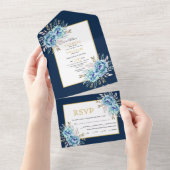 Blau, Minze Aquarell Blume Hochzeit All In One Einladung (Abreißen)