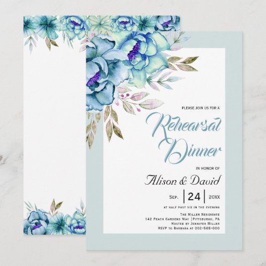 Blau, minzgrün Blume Hochzeit Probe Abendessen Einladung (Vorne/Hinten)