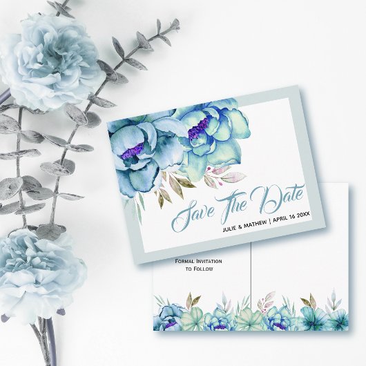 Blau, Minzgrün, Blume Save the Date Postkarte