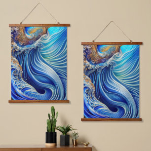 Blau mit Abstrakter Ozeanwelle Wandteppich Mit Holzrahmen