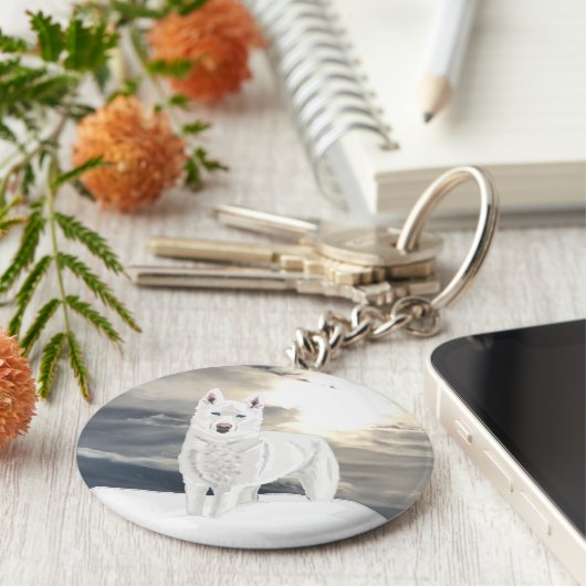 Blau, mit Augen, weißer Husky, im Schnee Schlüsselanhänger (Seite)