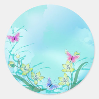 Blau mit Blume und Schmetterlingen Runder Aufkleber