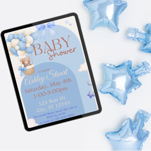 Blau mit einem Bären in einer Heißluftballon Babyd Einladung