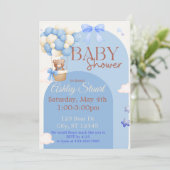 Blau mit einem Bären in einer Heißluftballon Babyd Einladung (Stehend Vorderseite)