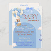 Blau mit einem Bären in einer Heißluftballon Babyd Einladung (Vorne/Hinten)