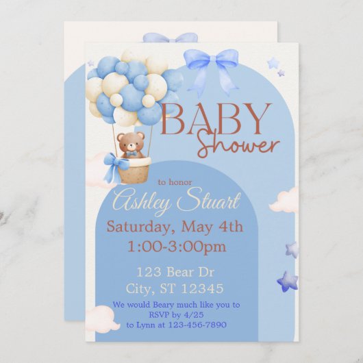 Blau mit einem Bären in einer Heißluftballon Babyd Einladung (Vorne/Hinten)