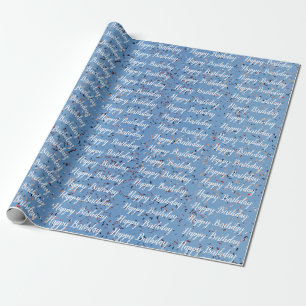 Blau mit farbigen Konfetti Weißes Happy Geburtstag Geschenkpapier