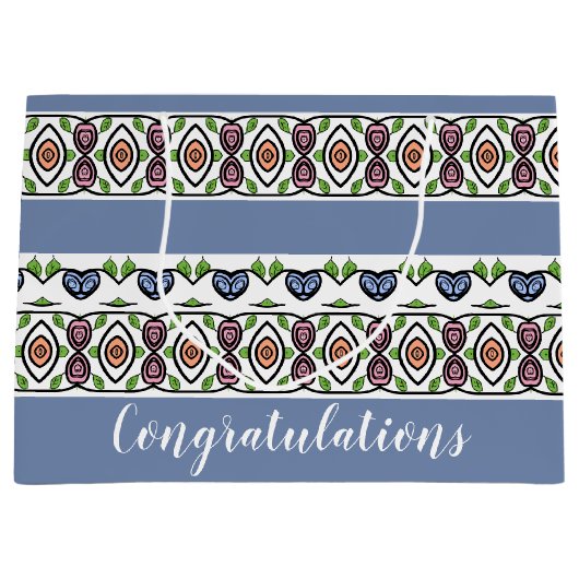 Blau mit farbigen Mustern Große Geschenktüte (Vorderseite)