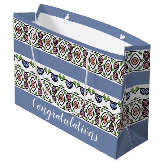 Blau mit farbigen Mustern Große Geschenktüte (Rückseite Schrägansicht)