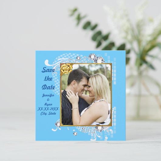 Blau mit Frame Diamonds Save the Date flache Karte (Stehend Vorderseite)