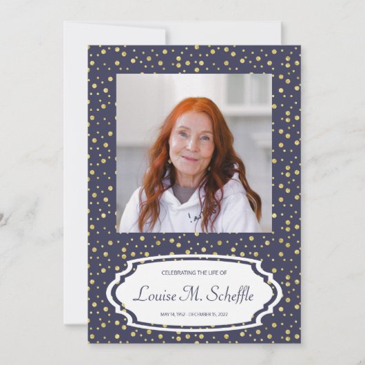 Blau mit Gold Dots Feier zum Lebensgedanken Einladung (Vorderseite)