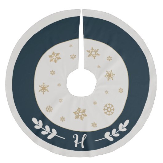 Blau mit goldenen Schneeflocken und Monogramm Polyester Weihnachtsbaumdecke (Vorderseite)