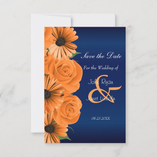 Blau mit Orange Rose & Daisy Save the Date (Vorderseite)