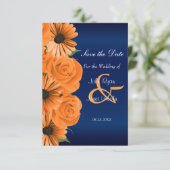 Blau mit Orange Rose & Daisy Save the Date (Stehend Vorderseite)