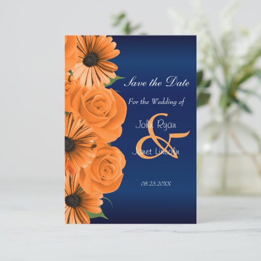 Blau mit Orange Rose & Daisy Save the Date (Stehend Vorderseite)