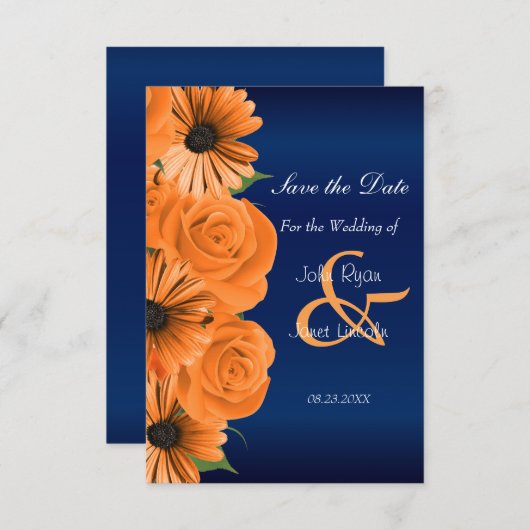 Blau mit Orange Rose & Daisy Save the Date (Vorne/Hinten)