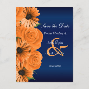 Blau mit Orange Rose & Daisy - Save the Date Ankündigungspostkarte