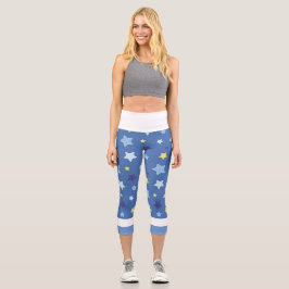 Blau mit passendem gelben Stern High Waisted Capri Leggings