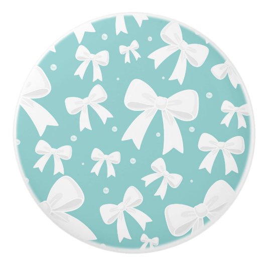 Blau mit Perlen und weißem Bogen Coquette Keramikknauf (Vorderseite)