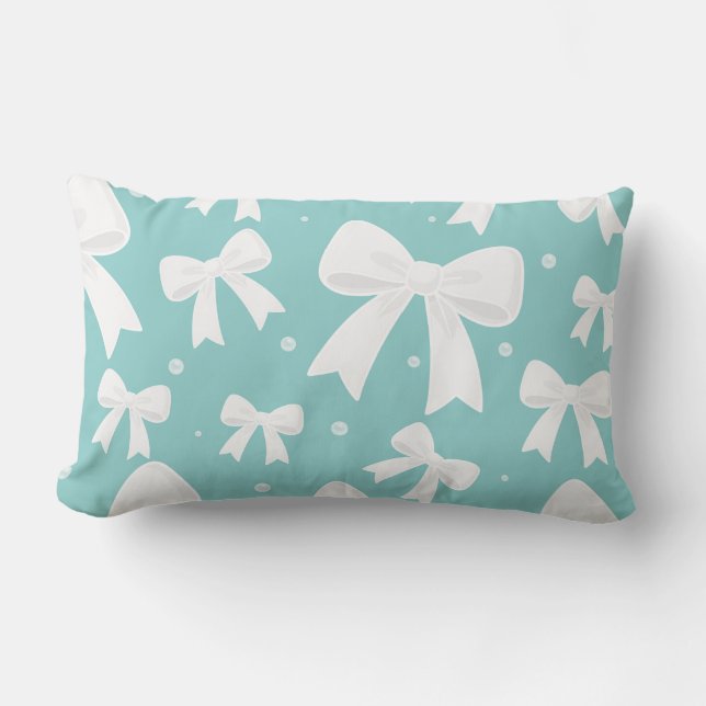 Blau mit Perlen und weißem Bogen Coquette Lendenkissen (Vorderseite)