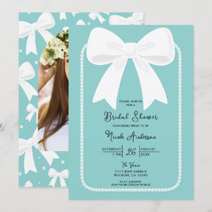 Blau mit Perlen Weiße Schleifen Kokette Bridal Sho Einladung