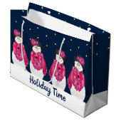 Blau mit rosa Schneemann Große Geschenktüte (Vorderseite Schrägansicht)