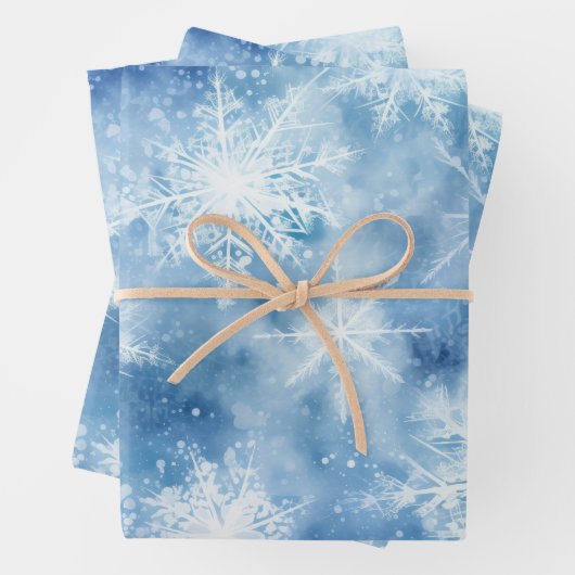 Blau mit Schneeflocken Wasserfarbenstil Geschenkpapier Set (Beispiel)