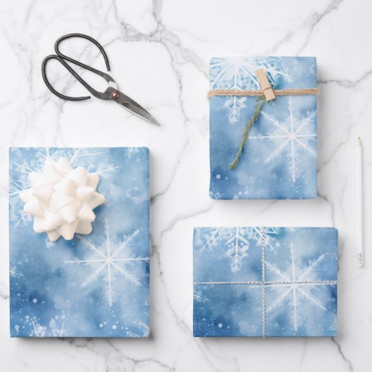 Blau mit Schneeflocken Wasserfarbenstil Geschenkpapier Set (Vorderseite)