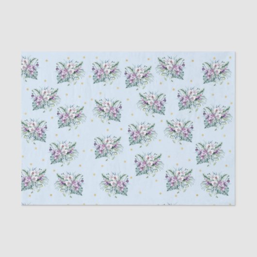 Blau mit violetten Blumen und goldenen Punkten Seidenpapier (Vorderseite)