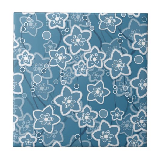 blau mit Weiß, blau, Blume, blumig, rustikal, fa Fliese (Vorderseite)