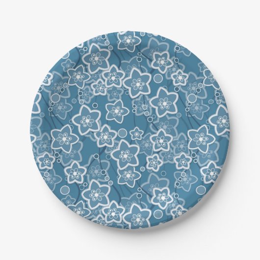 blau mit Weiß, blau, Blume, blumig, rustikal, fa Pappteller (Vorderseite)