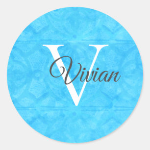 Blau mit weißem Monogramm Runder Aufkleber