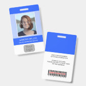 Blau, Mitarbeiterfoto, Logo, Strichcode, Name, Ausweis (Vorder- & Rückseite)