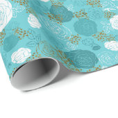 Blau | Moderne und elegante Imitate Glitzer Floren Geschenkpapier (Rolleneckpunkt)