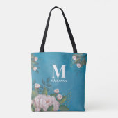 Blau Monogramm Blütenrosa Blütenfarbe Tasche (Rückseite)
