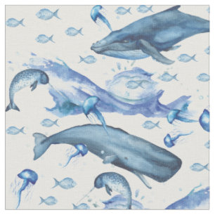 Blau Muster des Meereslebens des weißen Meeres Stoff